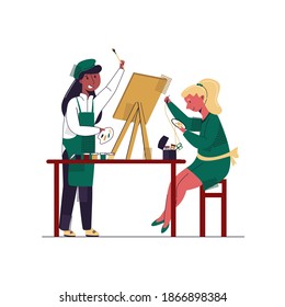 Grupo de ilustraciones de vectores planos de niños, niñas que se dedican a trabajos creativos, dibujar, bordar. Concepción de las actividades de los niños aficionados, enseñanza de la creatividad y el desarrollo de los niños.