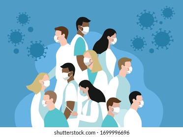 Vector flat illustration group of doctors and nurses fighting dangerous virus together on blue background