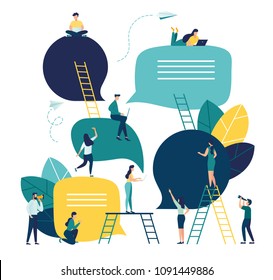 Vector flat illustration, a group of people communicates through the Internet social networks, the concept of communication, discussing business, news, acquaintance vector