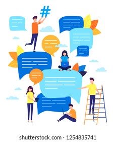 Vector flat illustration, a group of people communicates through the Internet social networks, the concept of communication, discussing business, news, acquaintance. Flat cartoon style