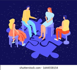 Vector flat illustration with group psychological therapy on background of abstract puzzle as symbol of problem being solved. Concept psychological, psychiatric care, mental health, communication.