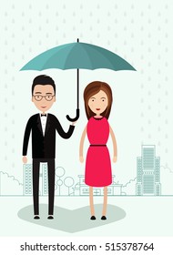 Vector flat illustration. Guy and girl under an umbrella in the rain