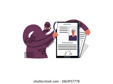 Vector flat illustration hacker stealing personal data at work. He looks through magnifying glass at user s data, with other hand takes out information. Concept doxing, hacking, pwned, security.