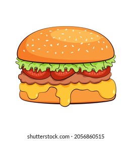 Vector flat illustration of a hamburger with tomatoes, salad, melted cheese, and sesame seeds in cartoon style. Illustration for a fast-food restaurant. Hamburger isolated icon.