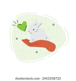 Vector flat illustration of a hand with a bunny and a heart. Illustration on the theme of love for the surrounding nature and wild animals.