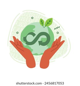 Vector flat illustration of hand with globe and heart. Love for the planet and care for the planet.