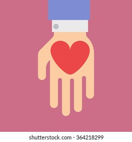 Vector flat illustration of hand with heart. Yellow heart. Red heart. Blue sleeve.