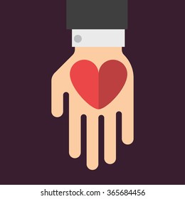 Vector flat illustration of hand with heart. Yellow hand. Red heart. Black sleeve. Black sleeve. Dark background.