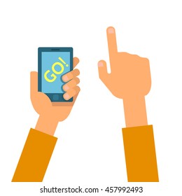 Vector flat illustration hand hold mobile phone. Concept of design playing video game, go symbol