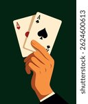 Vector flat illustration of hand holding two playing cards - ace of spades and ace of hearts. Minimalist casino scene symbolizing power, luck and winning hand in elegant style. For casino projects