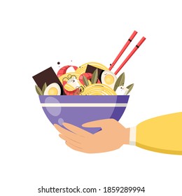 Vector Flat Illustration With Hand Holding Bowl With Ramen Noodle, Eggs, Wakame, Tofu, Shrimps, Chopsticks 