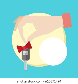 Vector flat illustration of Hand holds red Car key remote control with gift red bow and space for text