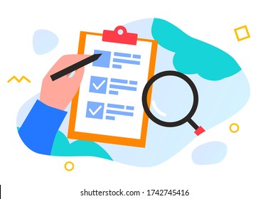 Vector flat illustration hand monitoring write measure data graph analysis research