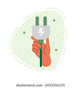 Ilustración plana de Vector de una mano con un enchufe para cargar aparatos eléctricos. Cuidar el medio ambiente y producir y utilizar energía limpia.