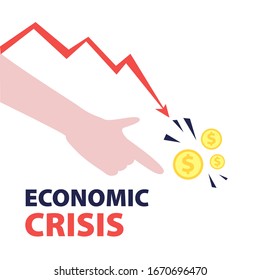 Vector flat illustration of hand pointing finger to dollar coins with red falling arrow of the economic chart. Financial world crisis concept. Down of oil price, market decline
