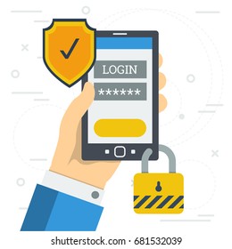 Vector flat illustration of hand with smart phone. On the screen form for entering login and password and safety shield and lock. Concept of safe mobile payment or using personal account in internet