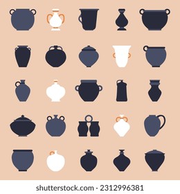 Vector flat illustration. Handmade ceramic pots, vases, jugs, jars. Pottery logo design elements. Smoked ceramics. Clay products in traditional style