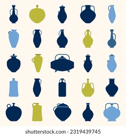 Vector flat illustration. Handmade ceramic pots, vases, jugs, jars. Pottery logo design elements. glazed ceramics. Clay products in traditional style. Decorative drinking containers