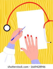 Ilustración plana vectorial con las manos de un médico con ropa médica que llena la forma, vista superior. Hay textura de árbol de mesa, fonendoscopio está acostado. Se puede utilizar en diseño web, postales, banners, etc.