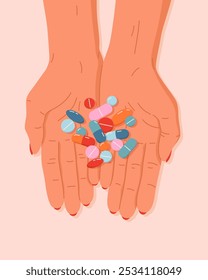 Vector flat illustration of hands holding various pills, capsules or vitamins. Top view of palms with group colorful medicines. Treatment with antidepressants, painkillers. Hand drawn cartoon design