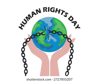 Vector plano ilustración de manos sosteniendo un globo con cadenas rotas, simbolizando la libertad, la justicia, la dignidad y los derechos humanos sobre un fondo blanco