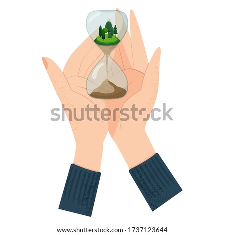 Vector flat illustration of hands holding hourglass with forest sinking 
into a sand. Concept of climat change, ecological and deforestration, Earth Day, Enviroment day, Earth hour