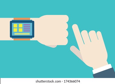 Vector flat illustration of hands with intellect watch. Modern technology of management and control - vector illustration