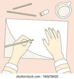 Vector flat illustration of hands with pencil writing on a paper list. Overhead point of view. 
