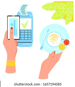 Vector flat illustration with hands that make payment for purchase of coffee using terminal, via phone, card. Concept of independent non cash electronic purchases, modern technologies and applications