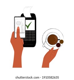 Vektorflache Illustration mit Händen, die Zahlung für den Kauf von Kaffee über Terminal, per Telefon, Karte. Konzept unabhängiger bargeldloser elektronischer Käufe, moderner Technologien und Anwendungen