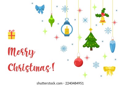 Vector flat illustration with hanging decorative Christmas elements. Cartoon design with tree, toys and snowflakes in funny bright colors. Merry Christmas red lettering greetings for poster or card