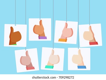 Vector flat illustration with hanging posters with likes. People of different nationalities. Illustration for your creativity