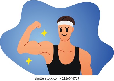 Vector flat illustration. Happy athletic man in an undershirt shows muscles. Sportsman shows his biceps.