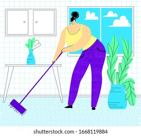 Vector flat illustration with happy, attractive woman who is doing home cleaning, washing the kitchen floors. Concept of home work, maintaining comfort, order, and living alone.