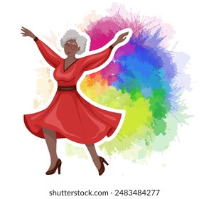 Vector flat illustration of happy beautiful senior African woman in red dress on watercolor backgrpund. Joyful old lady dancing in a dress on rainbow watercolor splashes. Active aging. 