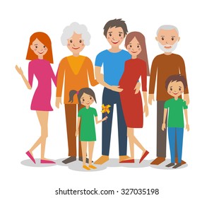 
Vector flat illustration of happy big family portrait. Parents with Children. 