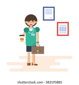 Vector flat illustration of happy business lady with coffee cup and brown case in hands. Awards for her work in the framework on the wall. Suitable design for animation