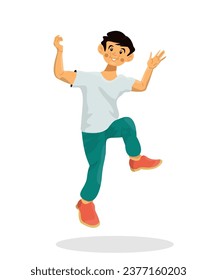 Vector flat illustration of happy child jumping on a white background.