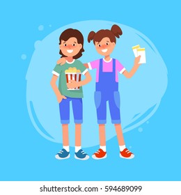 Vector flat illustration of happy couple friends kid with ticket and bucket of popcorn go to cinema. Going to the movies