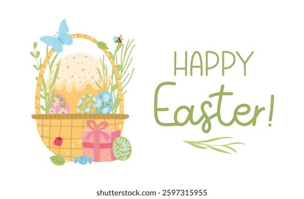 Vector flat illustration Happy Easter design with cake, basket, eggs, flowers, butterfly
