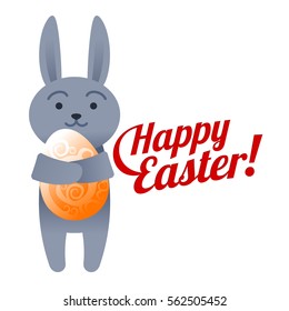 Vector flat illustration. Happy easter. Easter eggs and banny cartoon characters. Web graphics, banners, advertisements, brochures, business templates. Isolated on a white background.