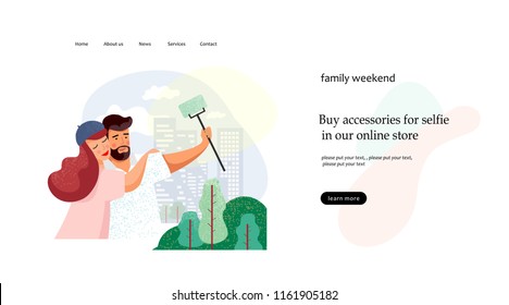 vector flat illustration of a happy family that rests in the park, photographed and makes selfies, drawing for the web or polygraphy