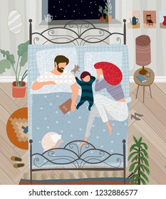 Vector Flat Illustration Of A Happy Family Painted In Gouache At Home In The Bedroom, Mother, Father, Child And Cat Are Sleeping In Bed In A Cozy Apartment At Night