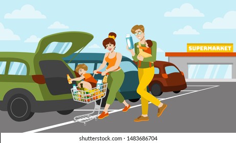Vector flat illustration. Happy family walking to their car with purchases. Shopping trip. Supermarket parking lot. Putting groceries in the open trunk. Mom, dad and kids. Paved area. Food trolley