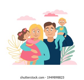 Vector flat illustration of a happy family, mother, father, daughter, son, hugging, parents are holding children in their arms.