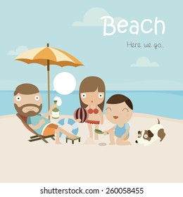Vector Flat Illustration of the Happy Family with Dog on the Beach.