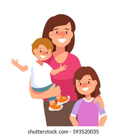 Vector flat illustration of happy family young mother with her children stand together isolated on white background