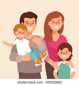 Vector flat illustration of happy family. Young mother hug son and father holding a baby stand together isolated on white background