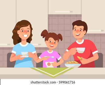 Vector flat illustration of happy family. Young mother , father and daughter sit breakfast at the table together in the kitchen.