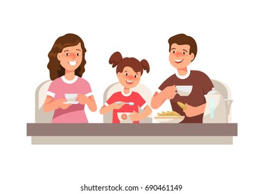 Imagen plana vectorial de la familia feliz. Madre joven, padre e hija sentados juntos a desayunar en la mesa aislados